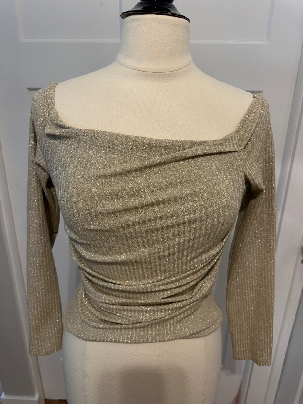 Zara Sparkle Ribbed Knit Top in Light Gold